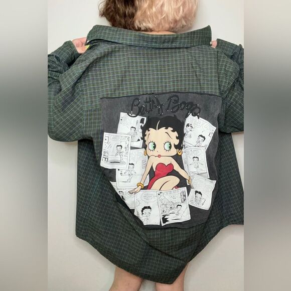 Jillysworld Betty Boop Upcycled Button Up Plaid Flannel Shirt - Picture 1 of 10